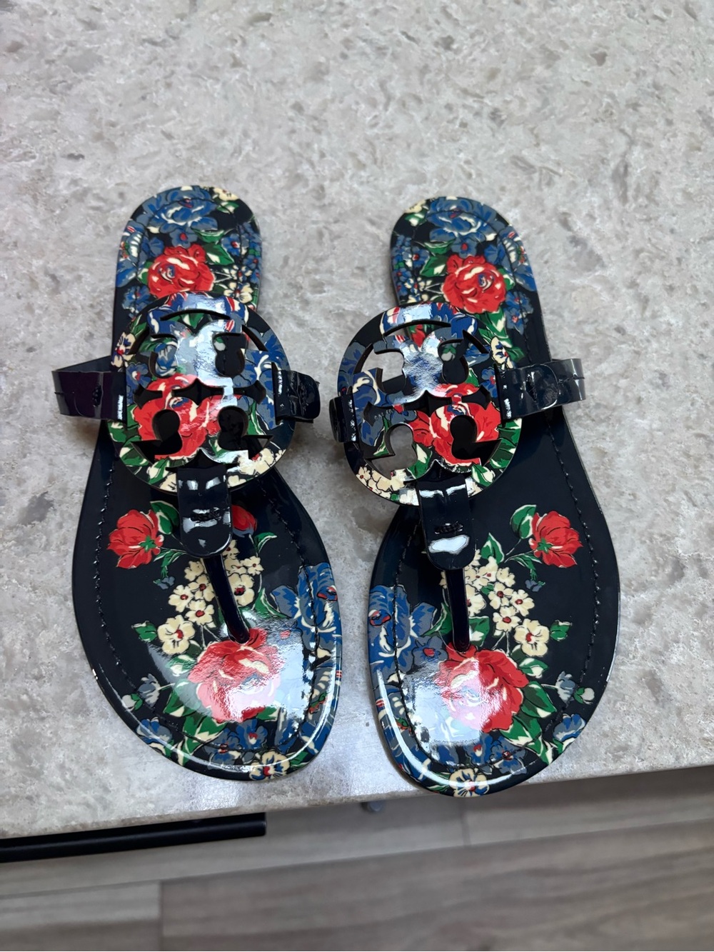 Tory Burch Navy Blue Floral Patent Thong Sandals